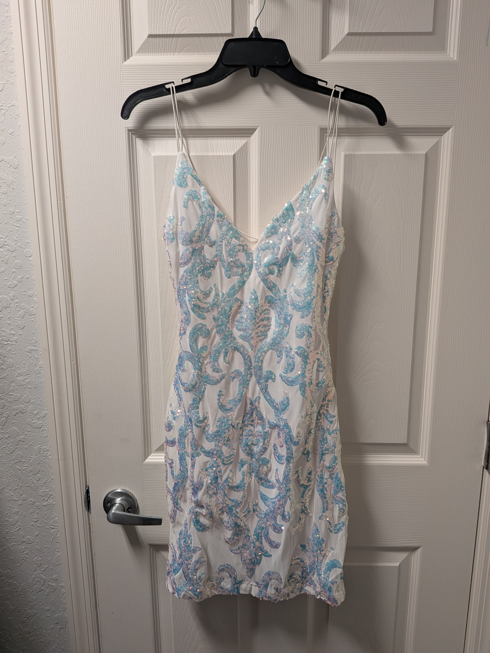 Windsor White Mini Dress with Light Blue Sequin Swirl